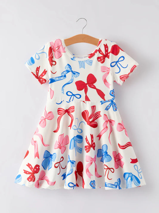 Rylee Faith Design 4th of July Color Bow Printed Short Sleeves Dress