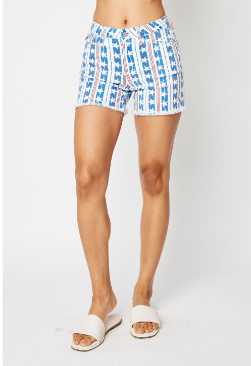 JUDY BLUE MID RISE USA STAR FRAY HEM SHORTS- AMERICAN