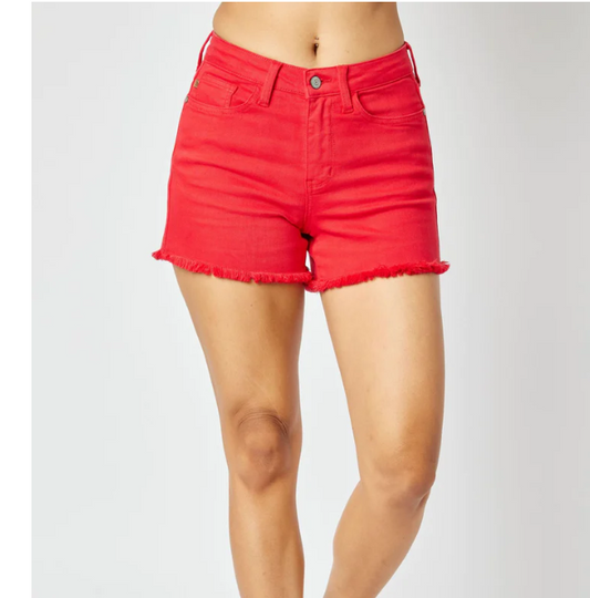 JUDY BLUE Mid-Rise Garment Dyed Fray Hem Shorts- RED