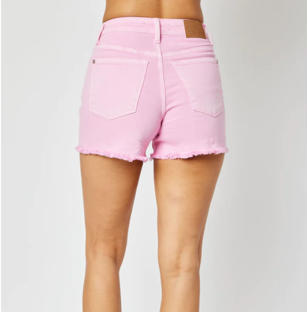 JUDY BLUE Mid-Rise Garment Dyed Fray Hem Shorts- LIGHT PINK PLUS SIZE