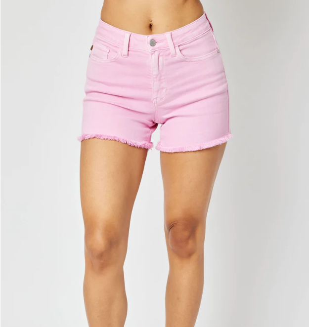 JUDY BLUE Mid-Rise Garment Dyed Fray Hem Shorts- LIGHT PINK PLUS SIZE