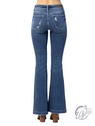 JUDY BLUE Midrise Button Fly Trouser Flare with Destroy