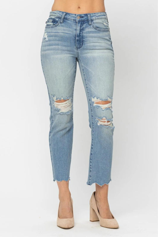 JUDY BLUE MID-RISE DESTROYED TINTED WASH CROP STRAIGHT **CLEARANCE**