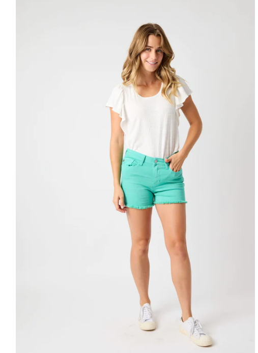 JUDY BLUE Mid-Rise Garment Dyed Fray Hem Shorts-AQUAMARINE