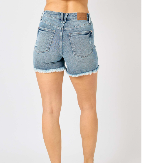 JUDY BLUE High Waist Button Fly Destroy Hi-Lo Hem Shorts