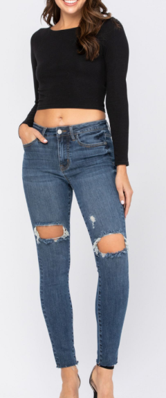 JUDY BLUE DESTROYED KNEE HIGH WAIST SKINNY