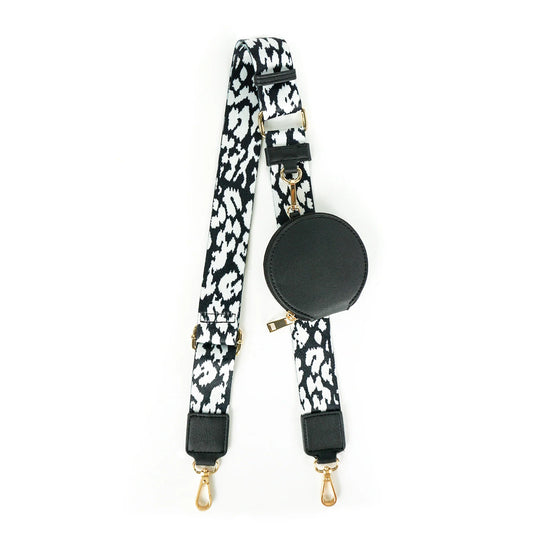 WIDE REPLACEMENT STRAP W/ COIN PURSE-BLACK AND WHITE LEOPARD