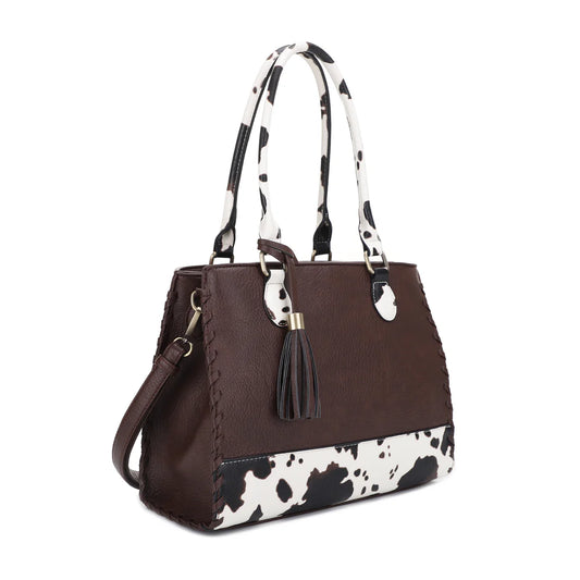 Montana Concealed Carry Lock and Key Whipstitch Cow Print Satchel Bag with Tassel-COFFEE