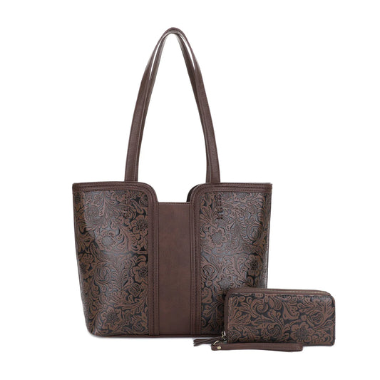 Cassidy Concealed Carry Tooled Tote Bag with Matching Wallet-COFFEE