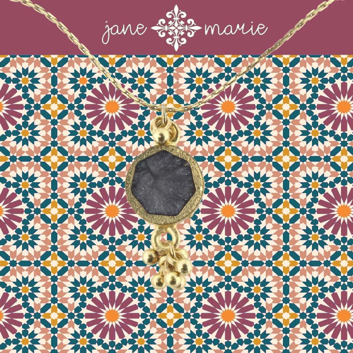 JANE MARIE 16" SILVER GREY SUN STONE NECKLACE WITH GOLD DANGLES, 3" EXT.