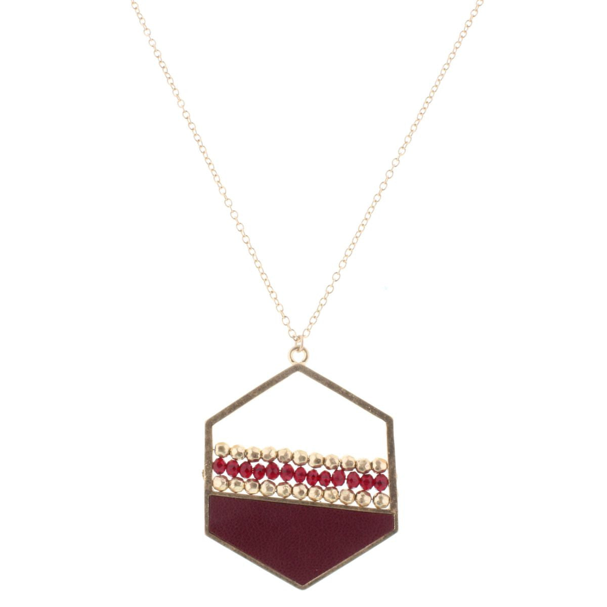 32" MAROON LEATHER & MAROON/GOLD BEADED HEXAGON NECKLACE, 3" EXT.