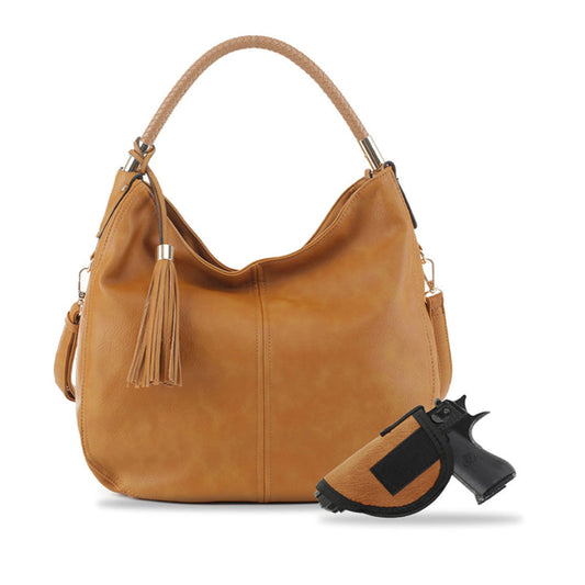 SIENNA CONCEALED CARRY LOCK AND KEY TASSEL HOBO SHOULDER BAG- COGNAC